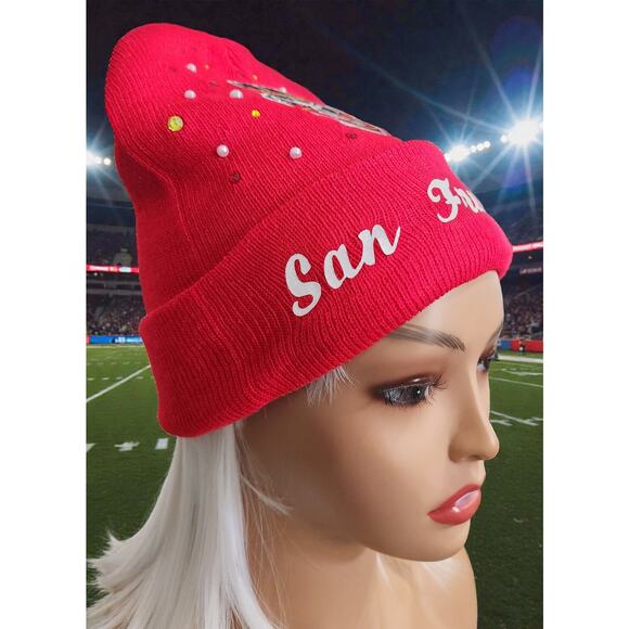 San Francisco 49ers Red Beanie design with Logo, Rhinestones and pearls - Picture 3 of 5